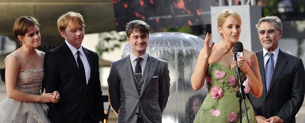 Watson, Grint and Radcliffe looks on as as Rowling speaks at the world premiere of "Harry Potter and the Deathly Hallows - Part 2" in Trafalgar Square