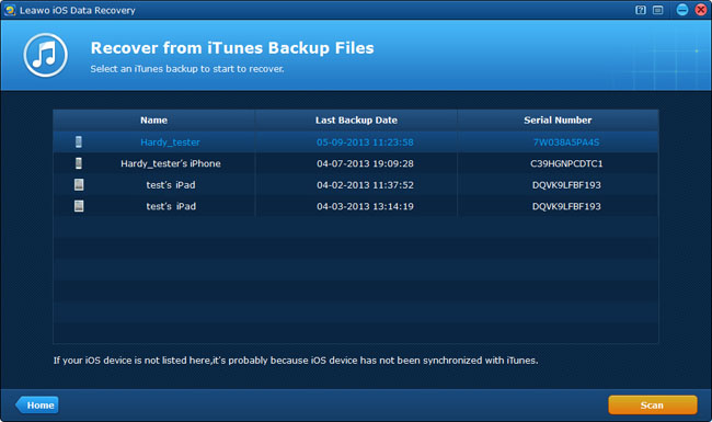 Slect backup do iTunes