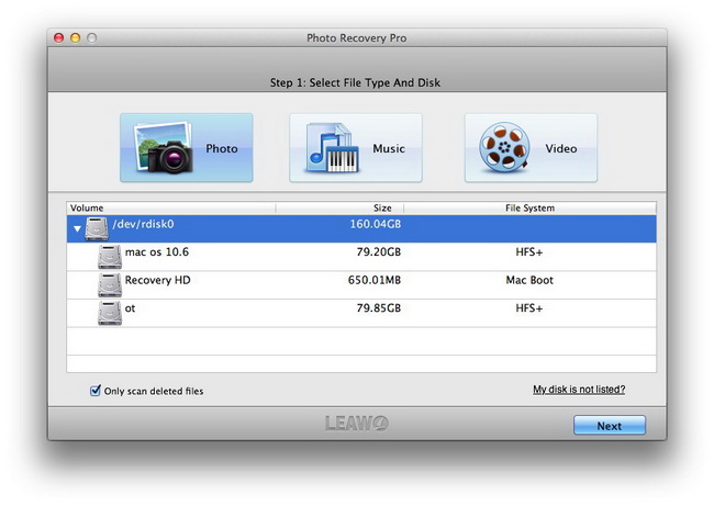 Choose file type and disk