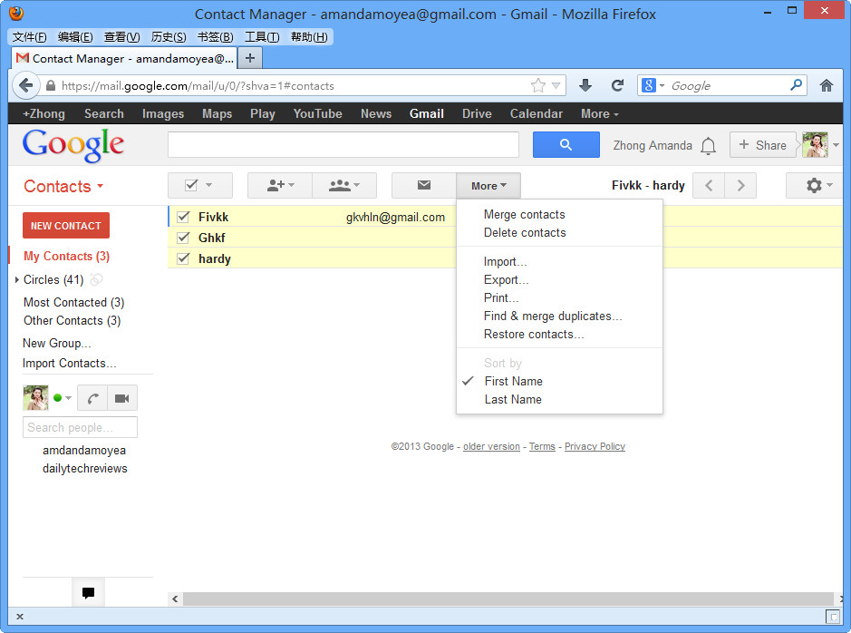 Choose contacts and export from Gmail