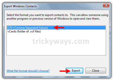 Select exported contacts format