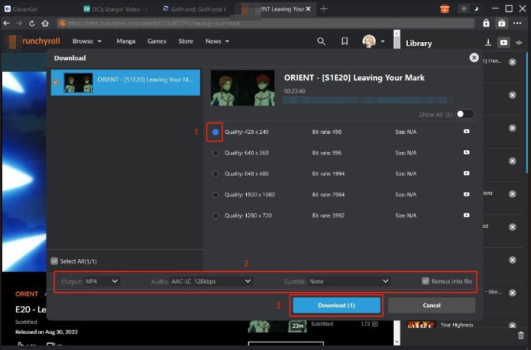 cleverget interface showing downloading crunchyroll anime