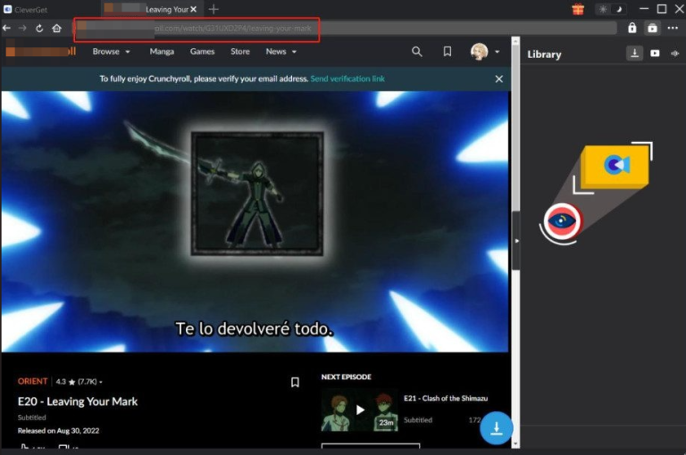 CleverGet interface showing opening Crunchyroll anime webpage