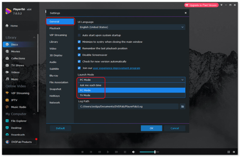 إعدادات مصنع اللاعبين المفتوح وضع اختيار التشغيل في playerfab