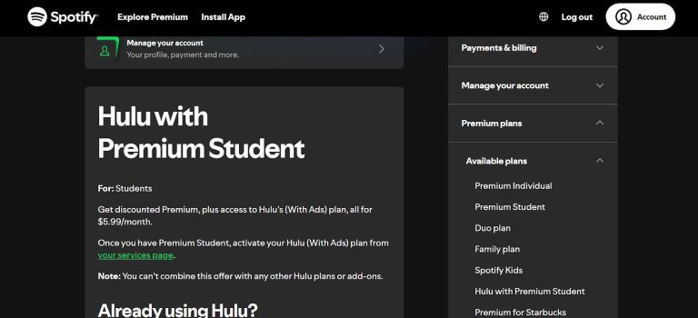 Spotify premium student and Hulu plan