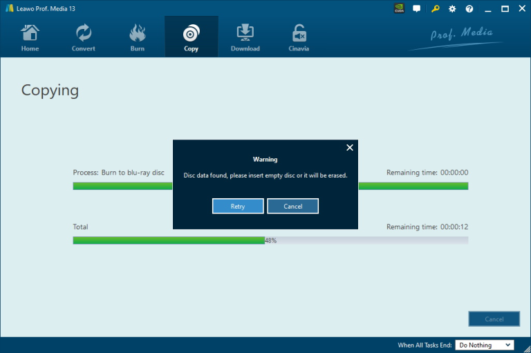 Leawo Blu-ray Copy prompts you to replace the original disc with a blank one.