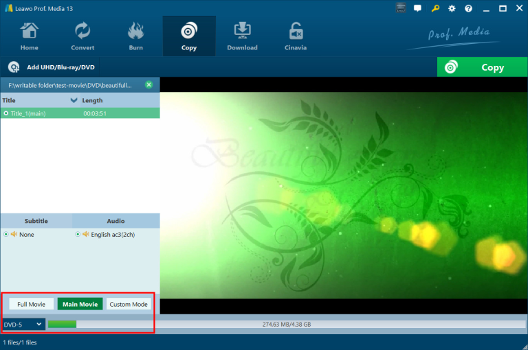 Select the 'Copy' mode and the target disc size in Leawo Blu-ray Copy