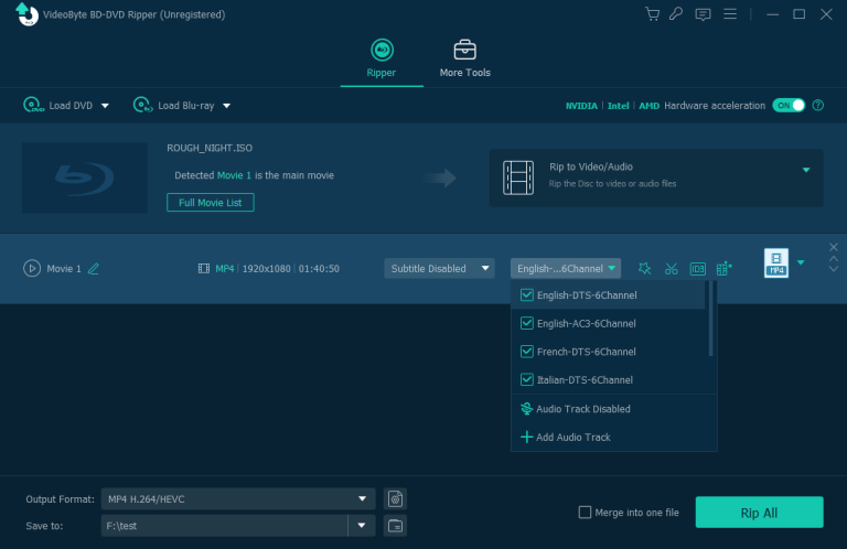 audio and subtitle setting in videobyte bd-dvd ripper