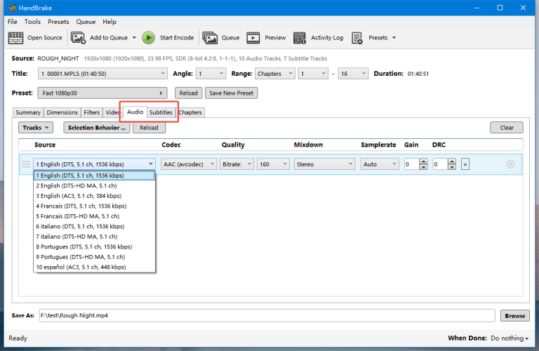 choose audio track and subtitle in handbrake