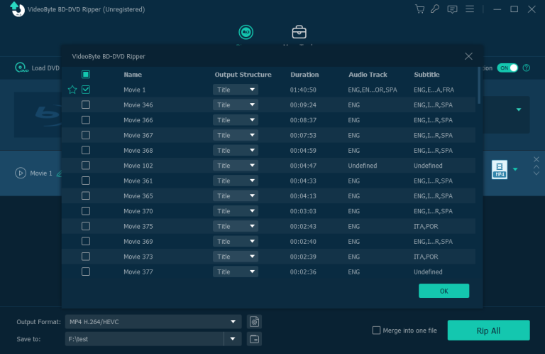 choose the main title in videobyte bd-dvd ripper