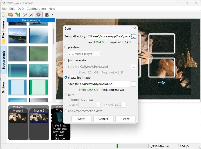 choose output settings and start burning in dvdstyler