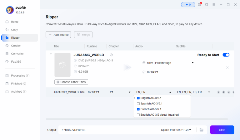 dvdfab dvd ripper choose audio tracks interface