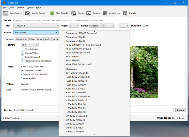 handbrake preset interface