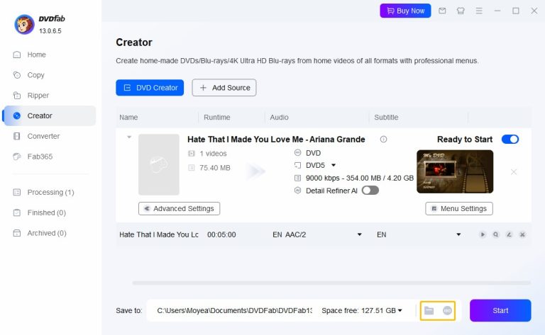 select outpt location and start burning in dvdfab