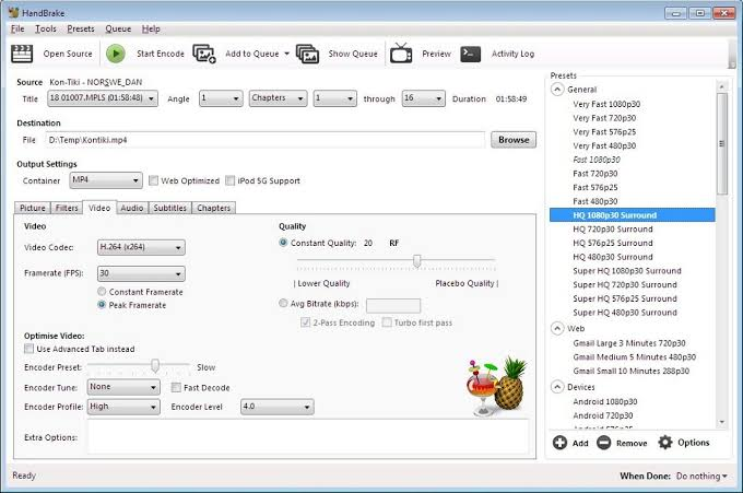 Set output format and preset in HandBrake